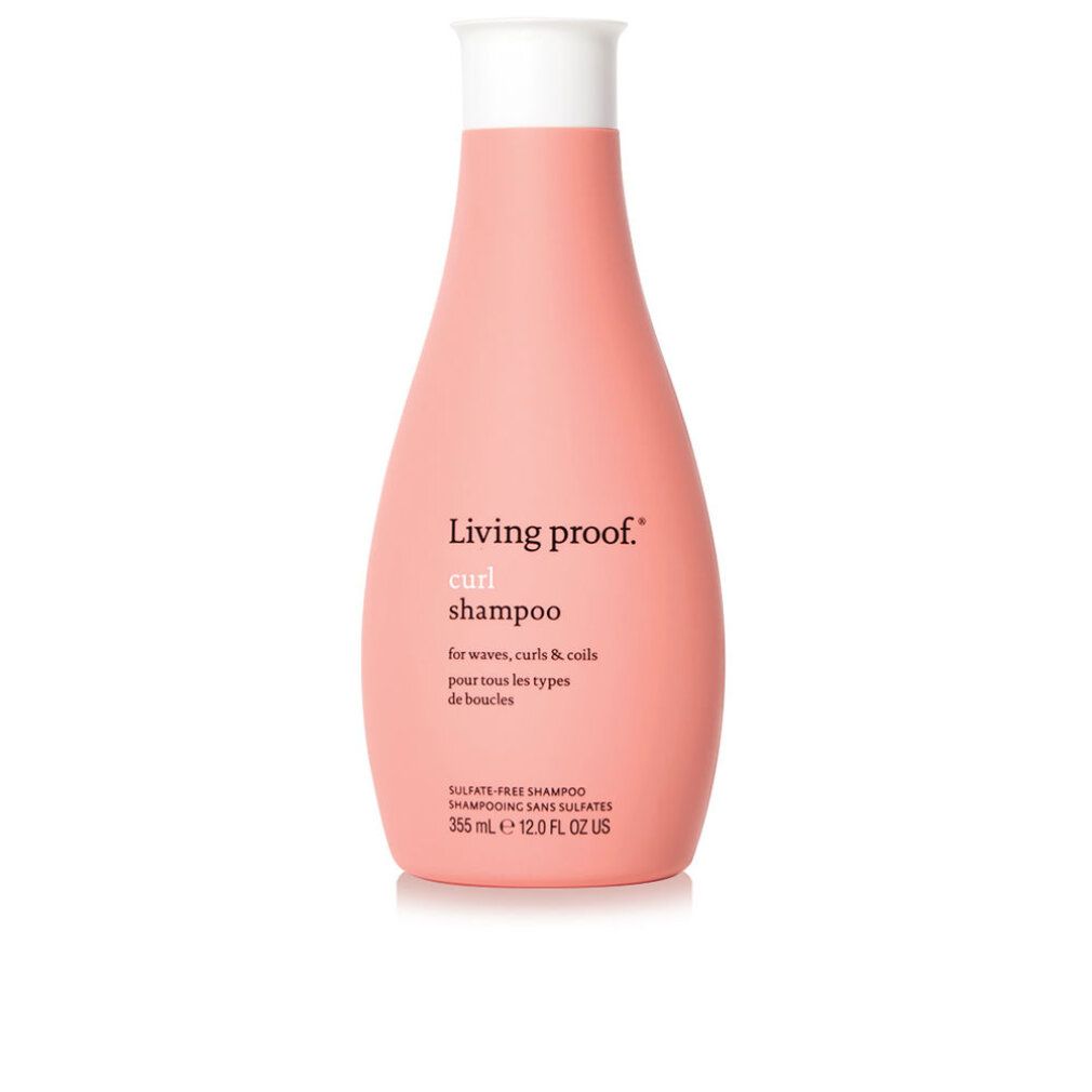 Flacone di shampoo rosa con tappo bianco. Scritta: Living Proof Curl Shampoo. Contenuto: 355 ml.