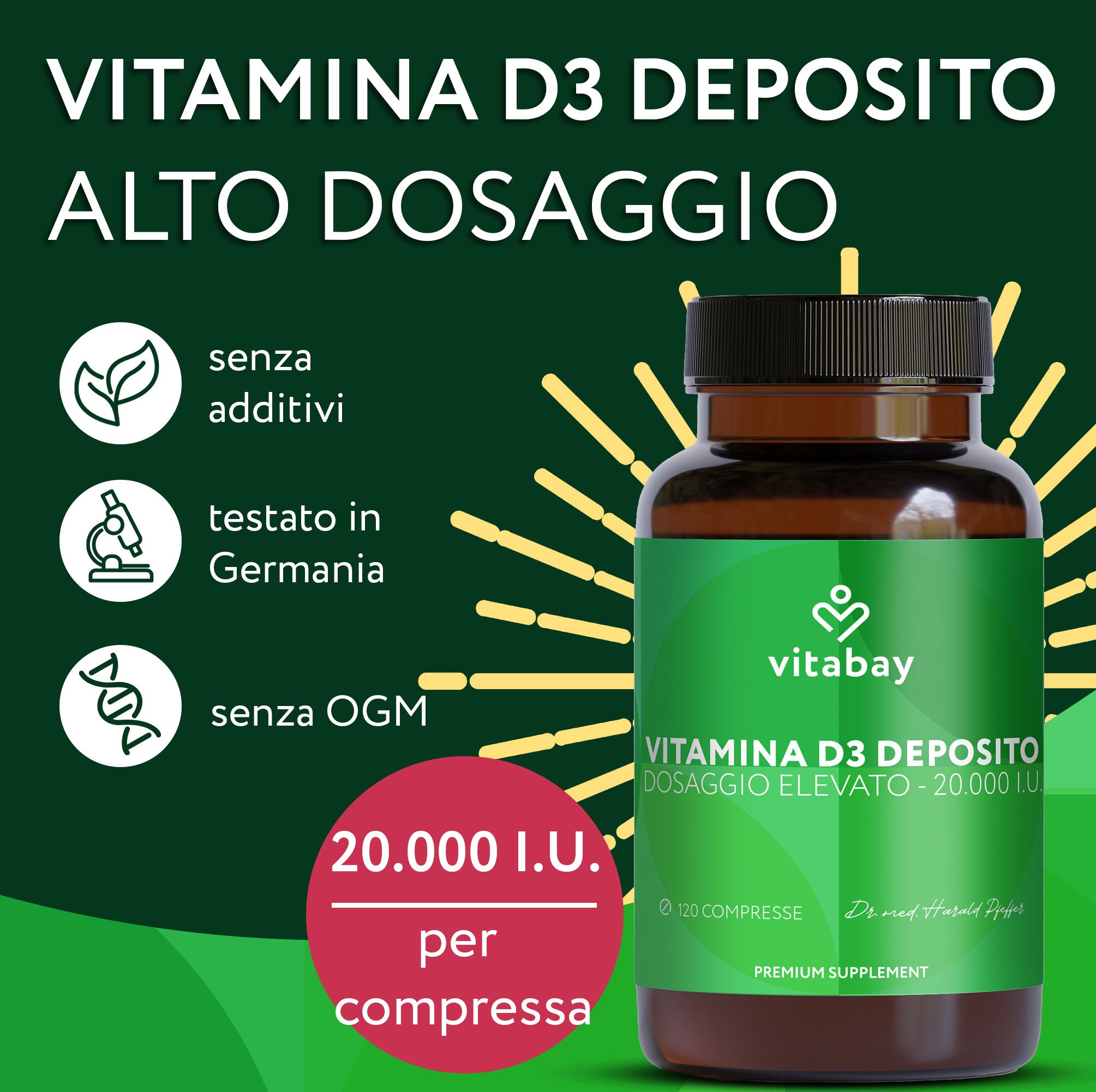 Flacone Vitabay Vitamina D3 Depot. Testo: 20.000 UI per compressa. Senza additivi. Testato in Germania.