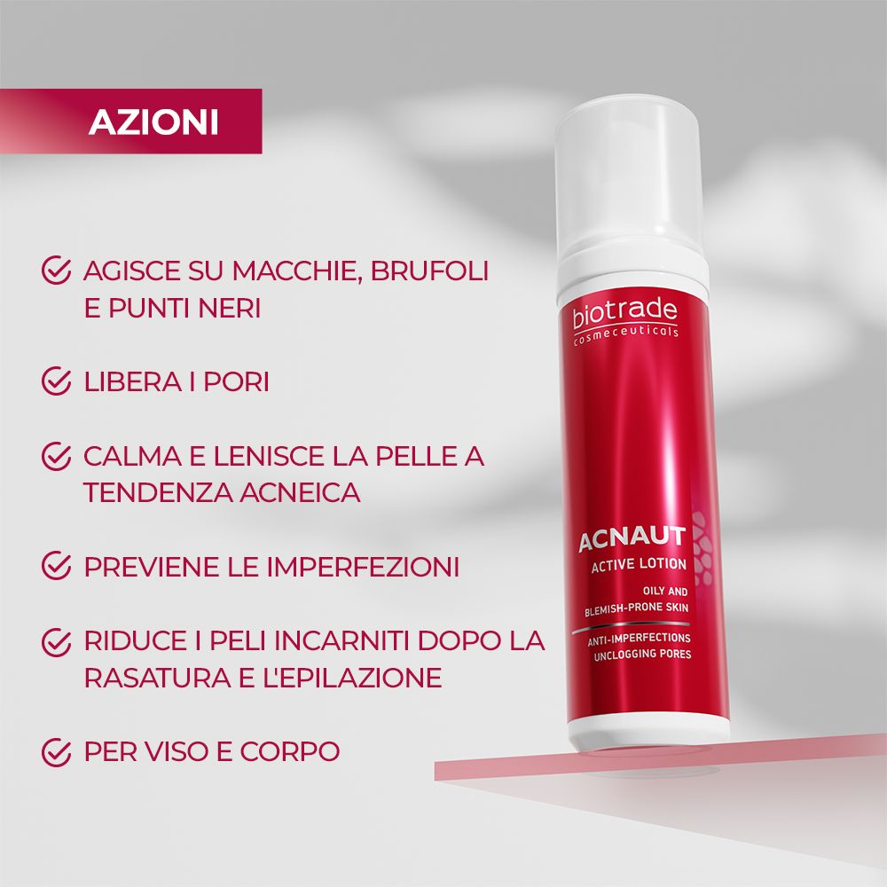 Flacone Acnaut Active Lotion. Testo: Biotrade, Acnaut. Agisce su brufoli, punti neri, lenisce, riduce peli incarniti.