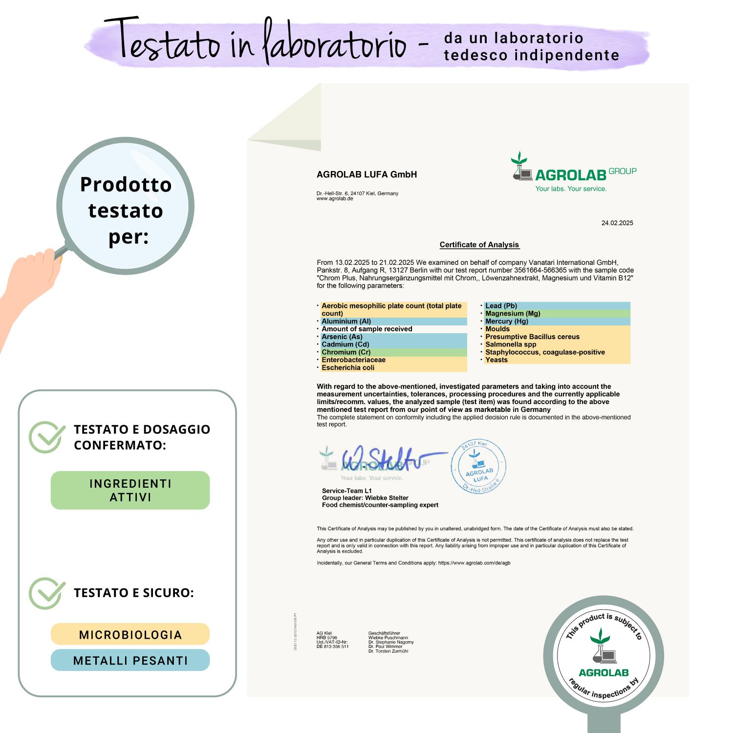 Certificato di AGROLAB LUFA. Conferma dell'analisi di VEGAVERO Chrom Plus. Testato su ingredienti e microbiologia.