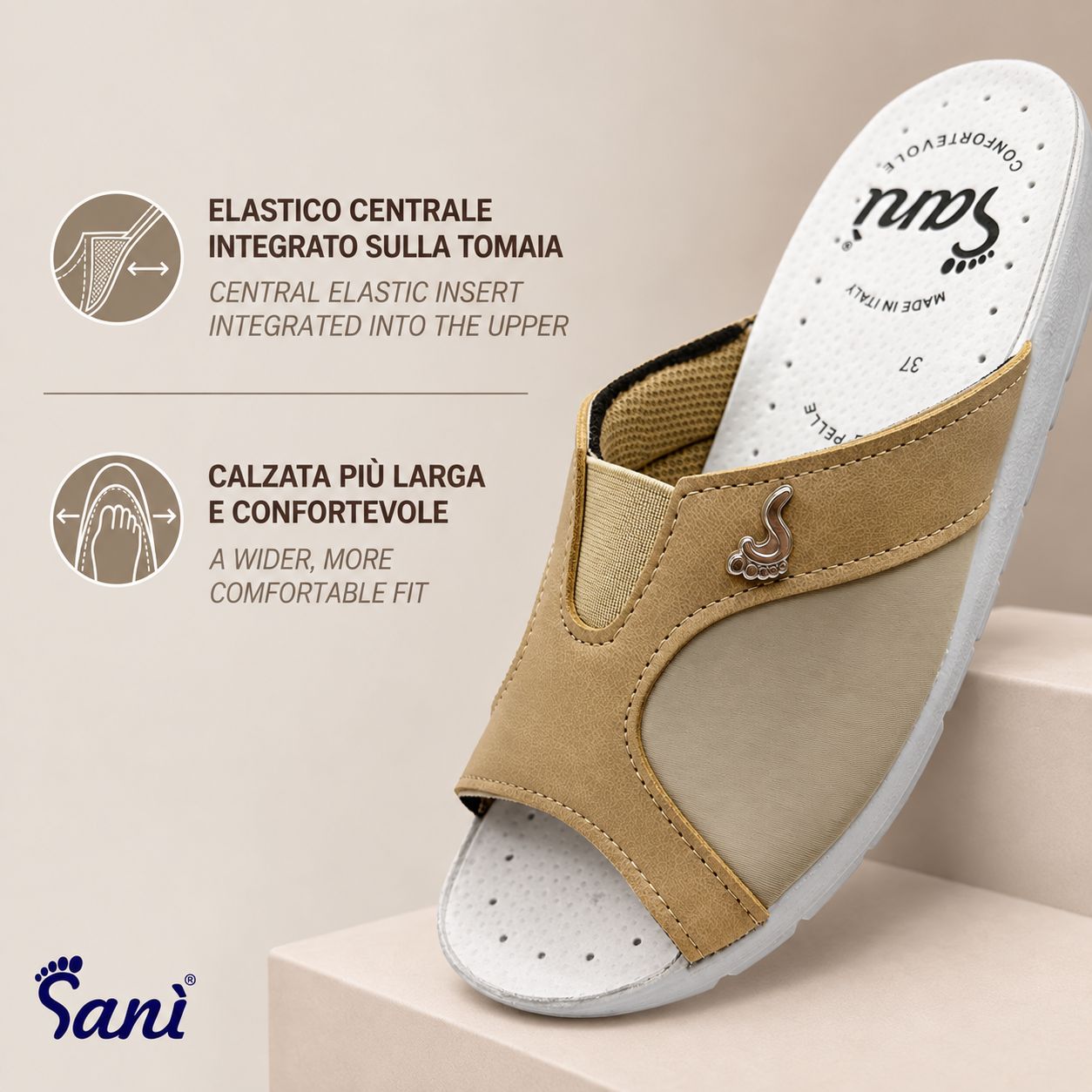 Mocassino beige con sottopiede in vera pelle, morbida imbottitura e calzata larga.