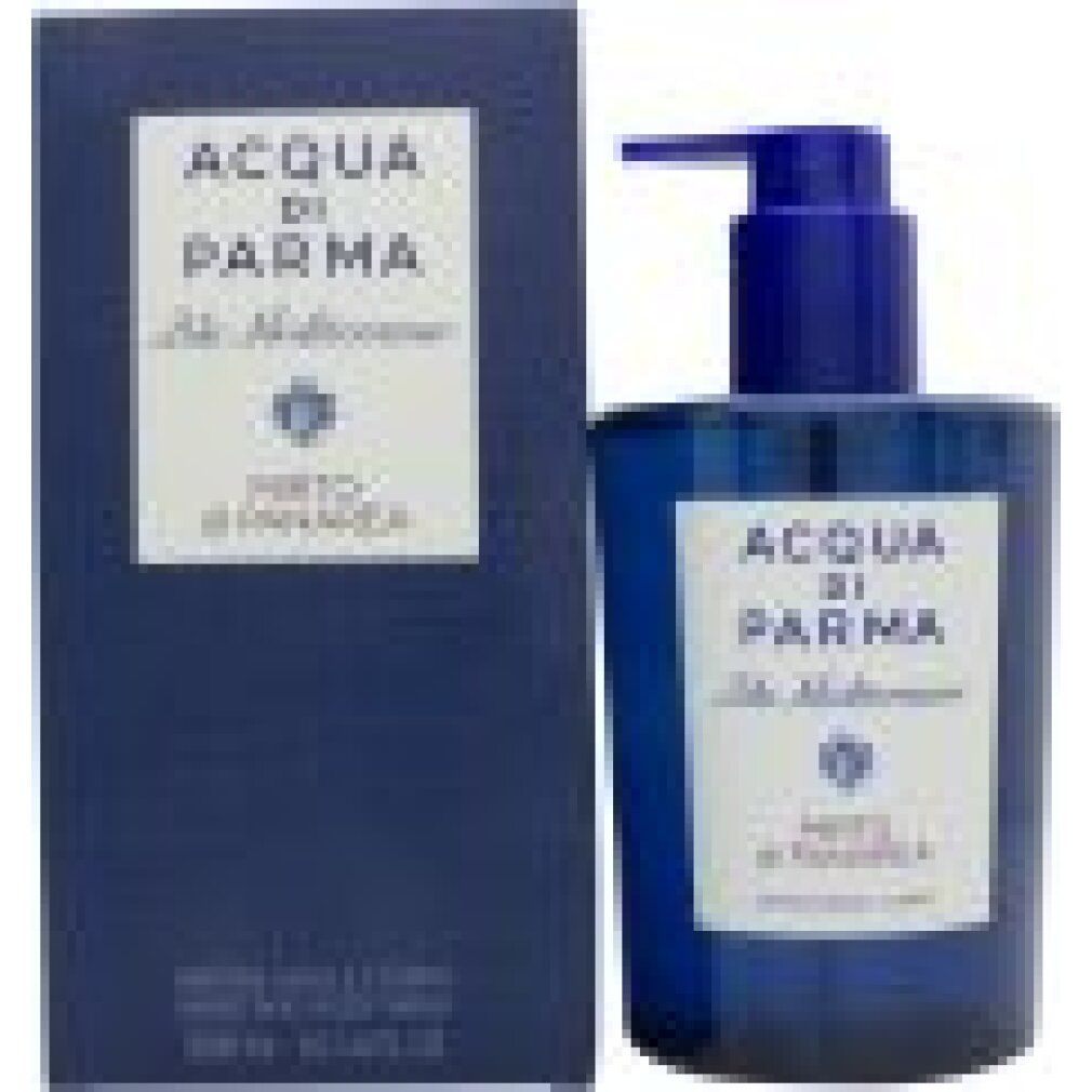 Flacone blu con erogatore e confezione. Sul flacone: ACQUA DI PARMA, Blu Mediterraneo, Mirto di Panarea. Sulla confezione: testo.