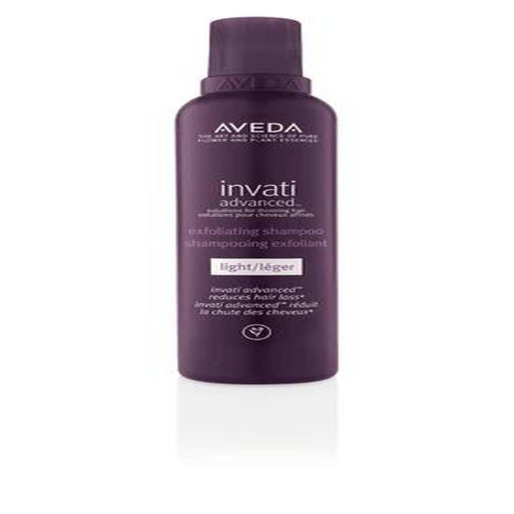 Flacone viola scuro Aveda Invati Advanced. Shampoo esfoliante light/léger. Simbolo vegano.