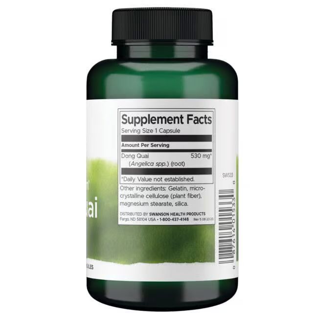 Retro del flacone verde. Etichetta con informazioni nutrizionali: Dong Quai, 530 mg. Altri ingredienti. Informazioni produttore.