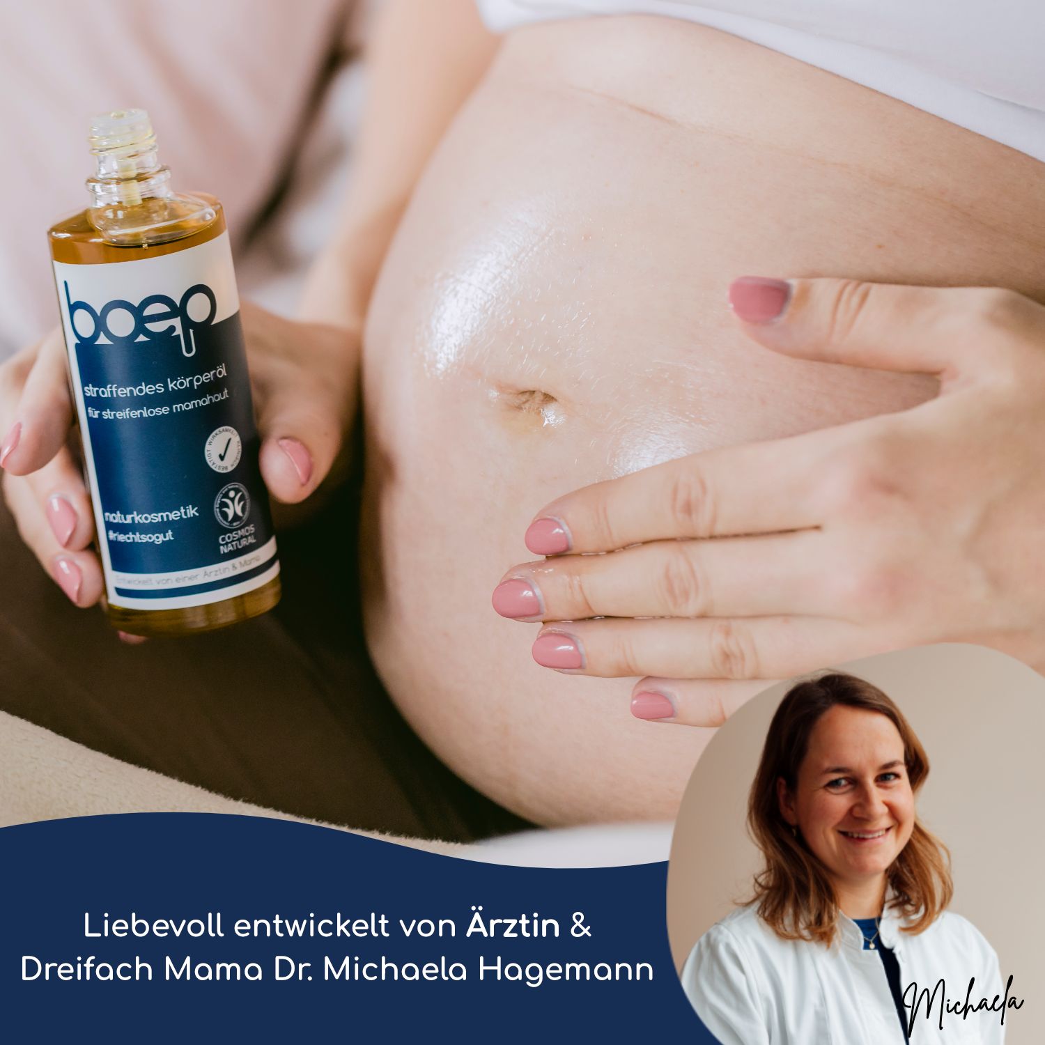 Una donna applica olio corpo dorato su un pancione di donna incinta.