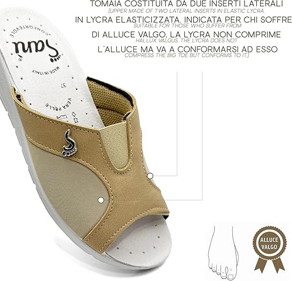 Dettaglio del sandalo Sanì. Tomaia beige, plantare bianco. Testo: 'Alluce Valgo'. Simbolo del piede.