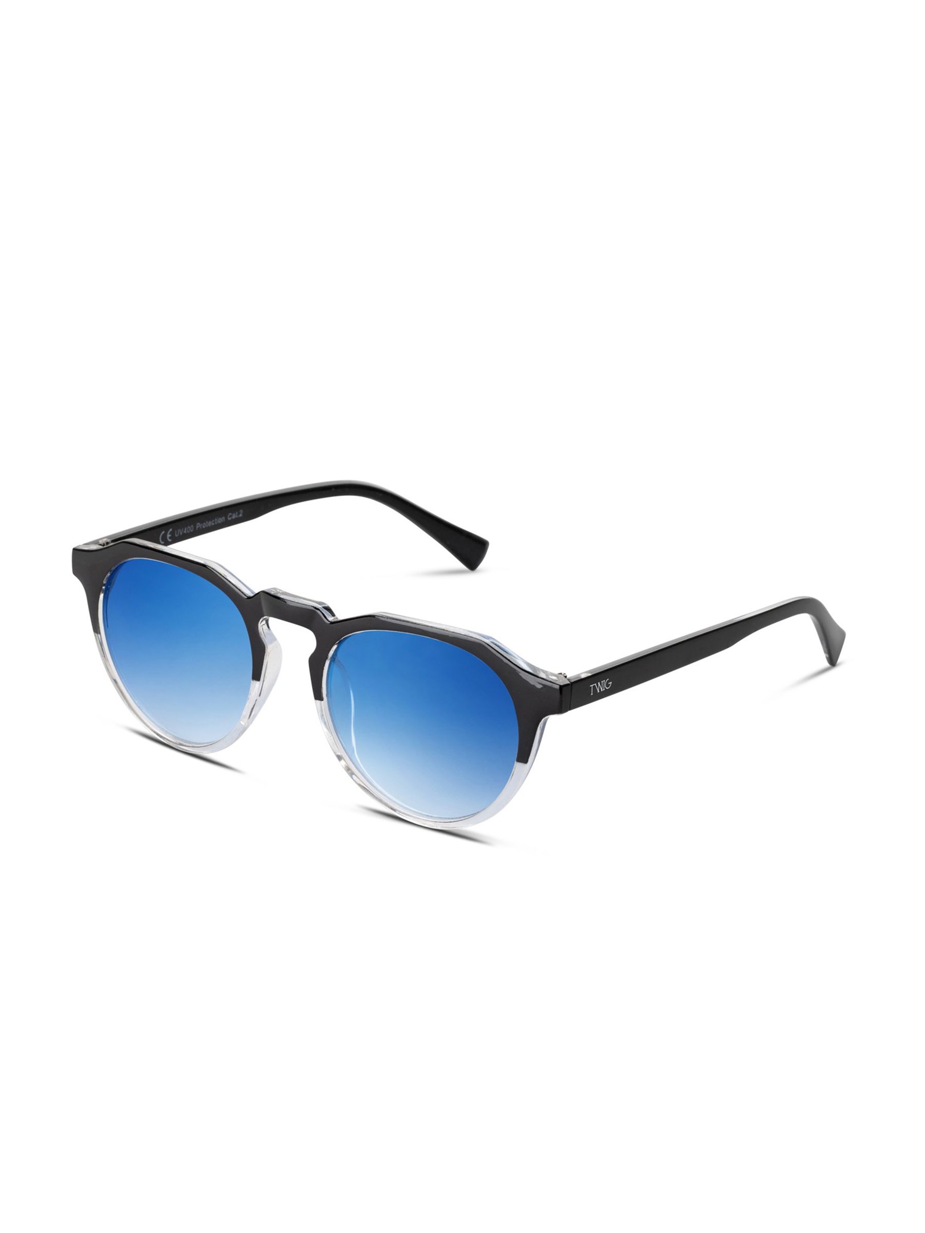 Occhiali da sole Woolf Scuba Blue, montatura nera, lenti blu. Vista laterale. Modello unisex.