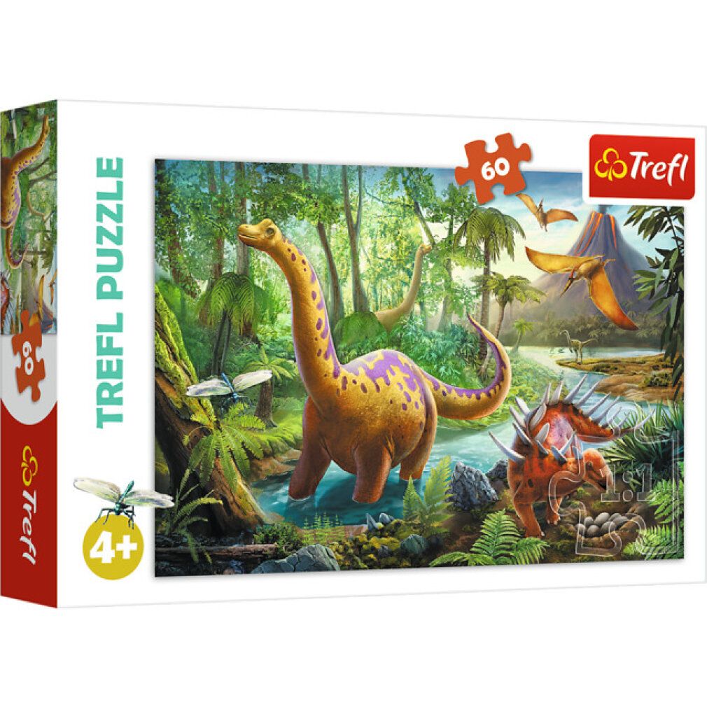 Scatola puzzle con dinosauri. 60 pezzi. Marchio Trefl. Età consigliata: 4+. Confezione con motivo puzzle.