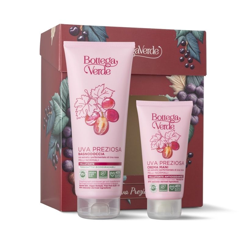 Tubi rosa e confezione regalo stampata. Sui tubi: "UVA PREZIOSA" e "Bottega Verde".