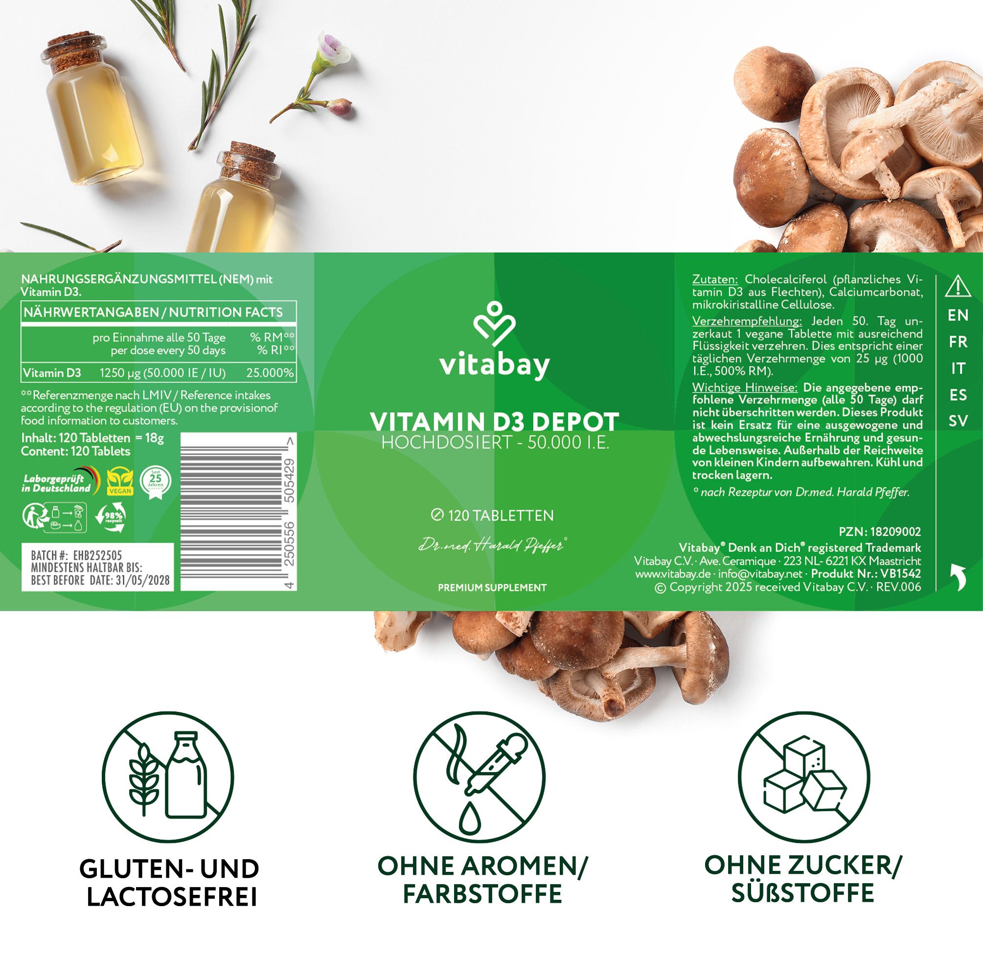 Etichetta con informazioni nutrizionali e testi. Simboli per senza glutine, senza lattosio, senza aromi/coloranti, senza zucchero/dolcificanti.