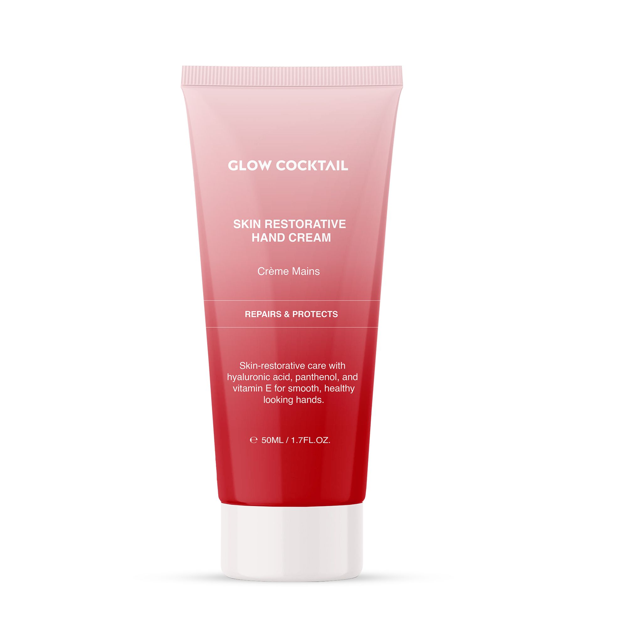 Crema mani in tubo. Sfumatura rosa-rossa. Testo: Glow Cocktail, Skin Restorative Hand Cream, Crème Mains. 50ml/1.7FL.OZ.