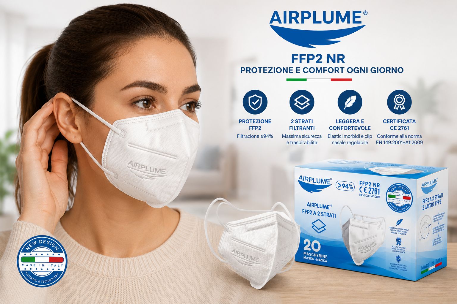 BRAND ITALIA - AIRPLUME FFP2 NR Mascherine colore Bianco