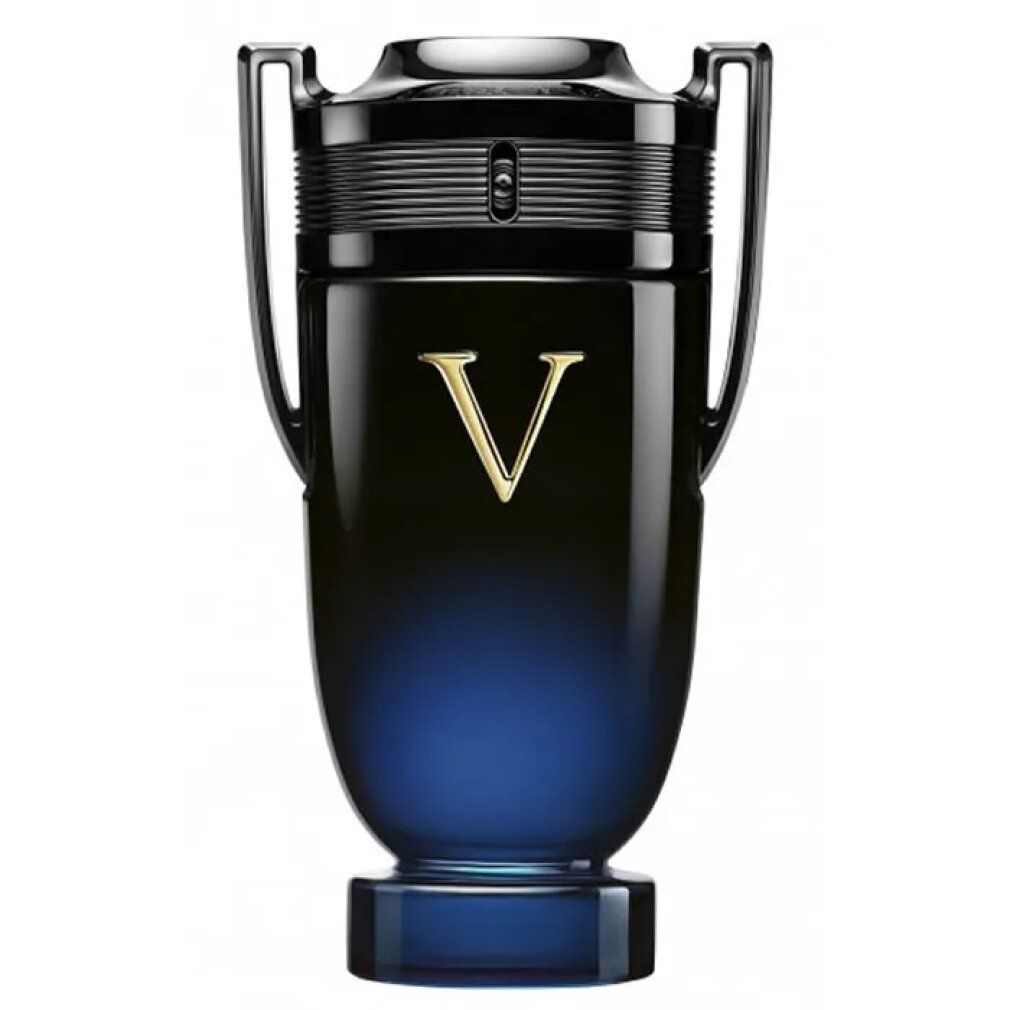 Flacone blu scuro con 'V' dorata. Tappo e manici neri. Scritta 'V'.
