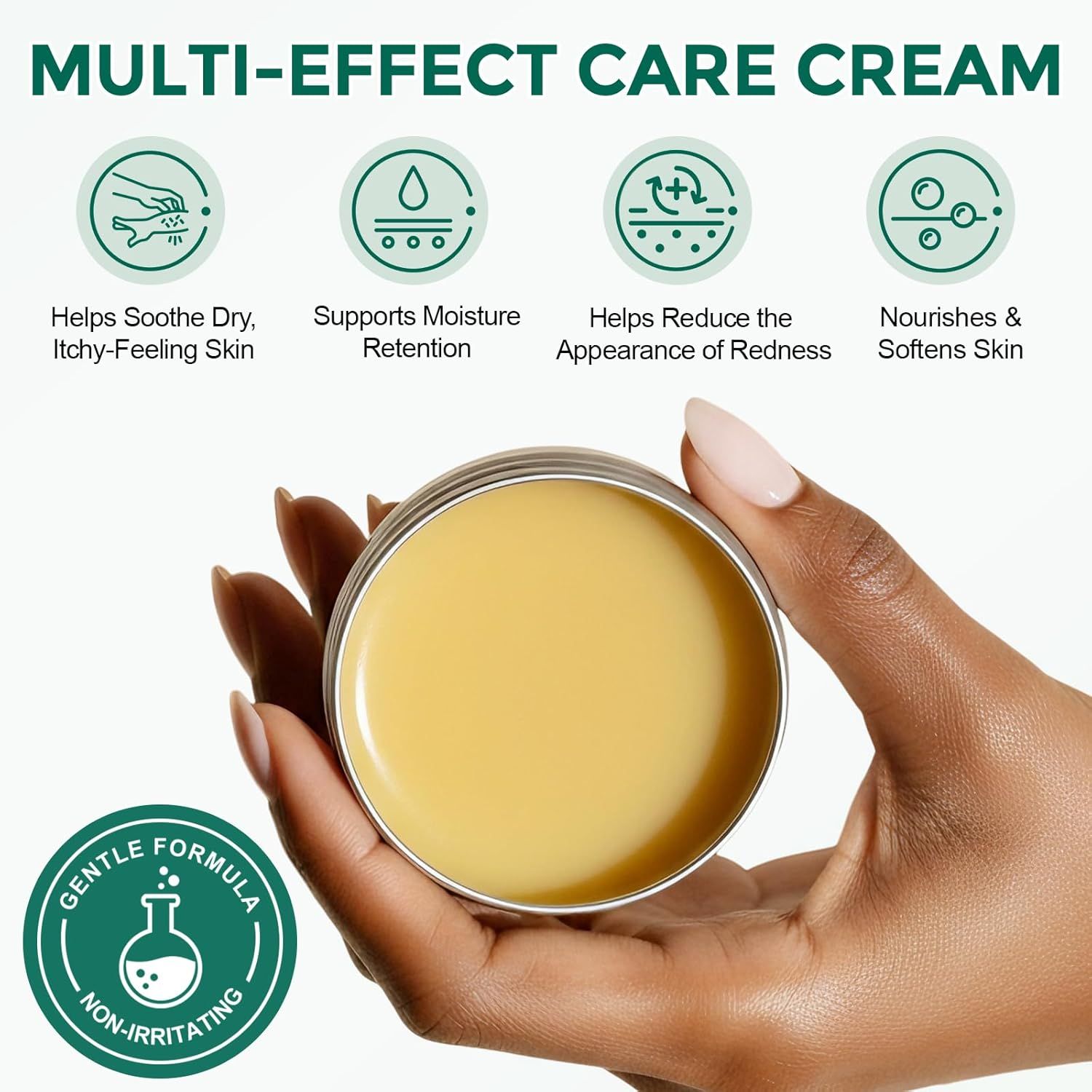 Mano che tiene un barattolo di balsamo aperto. Quattro icone: pelle secca, idratazione, arrossamenti, pelle morbida. Testo: Crema multi-effetto.
