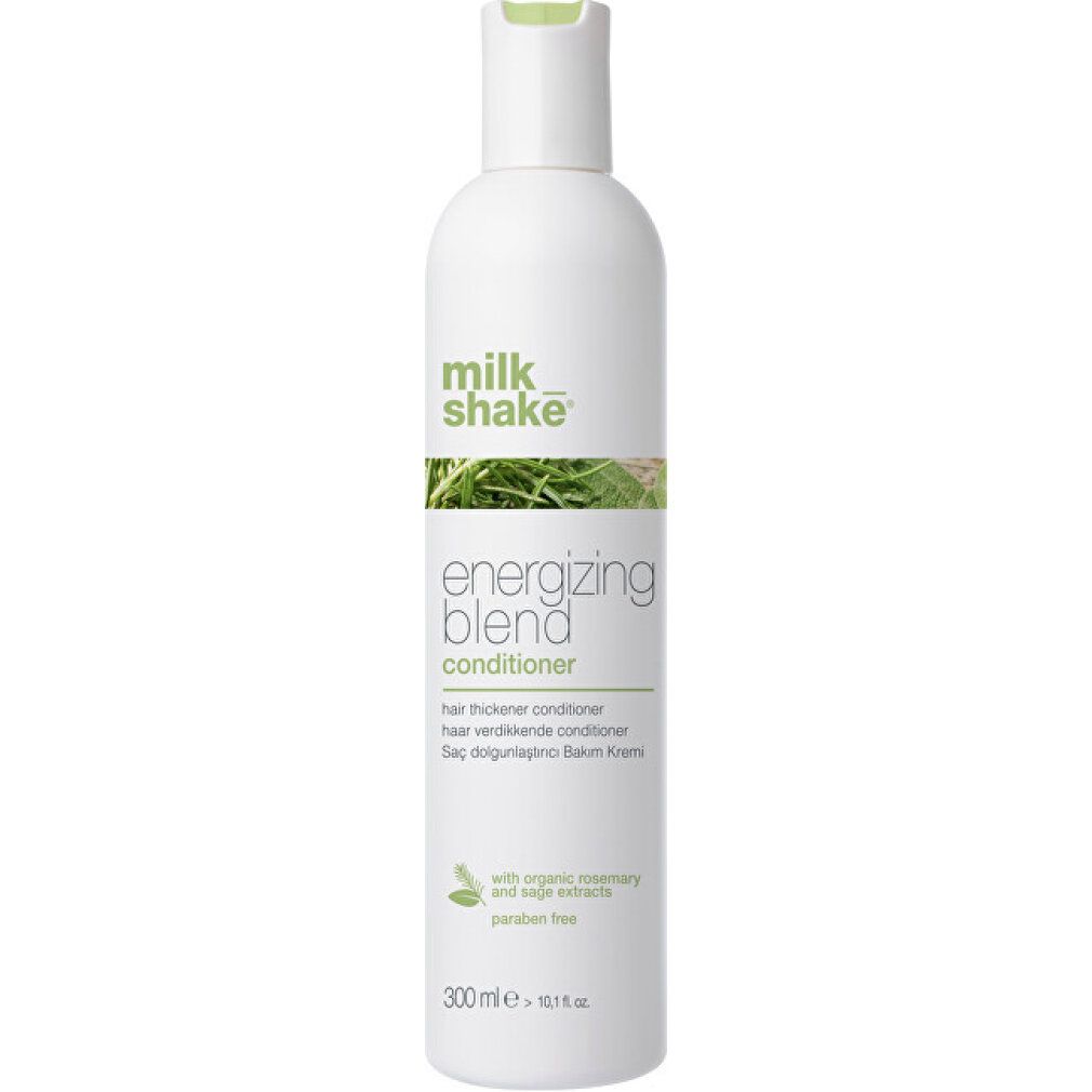 Flacone bianco con stampa verde. Scritta: milk_shake Energizing Blend Conditioner. Contiene estratti di rosmarino e salvia. 300 ml.