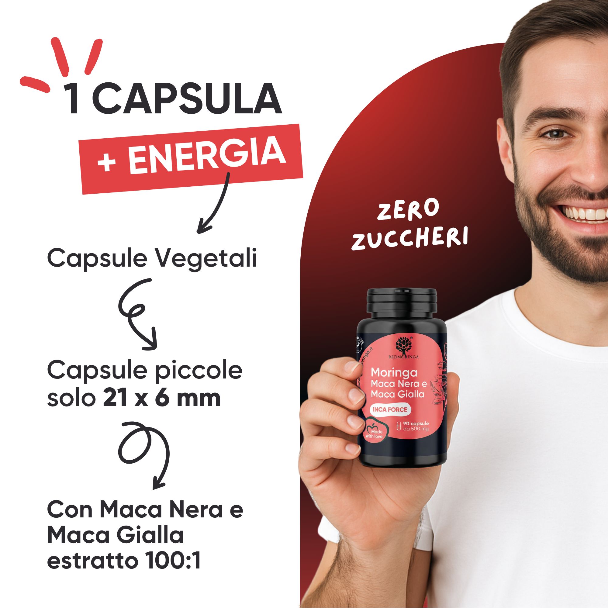 Flacone di capsule, con testo su capsule vegetali, dimensioni 21x6mm, con estratto di maca.