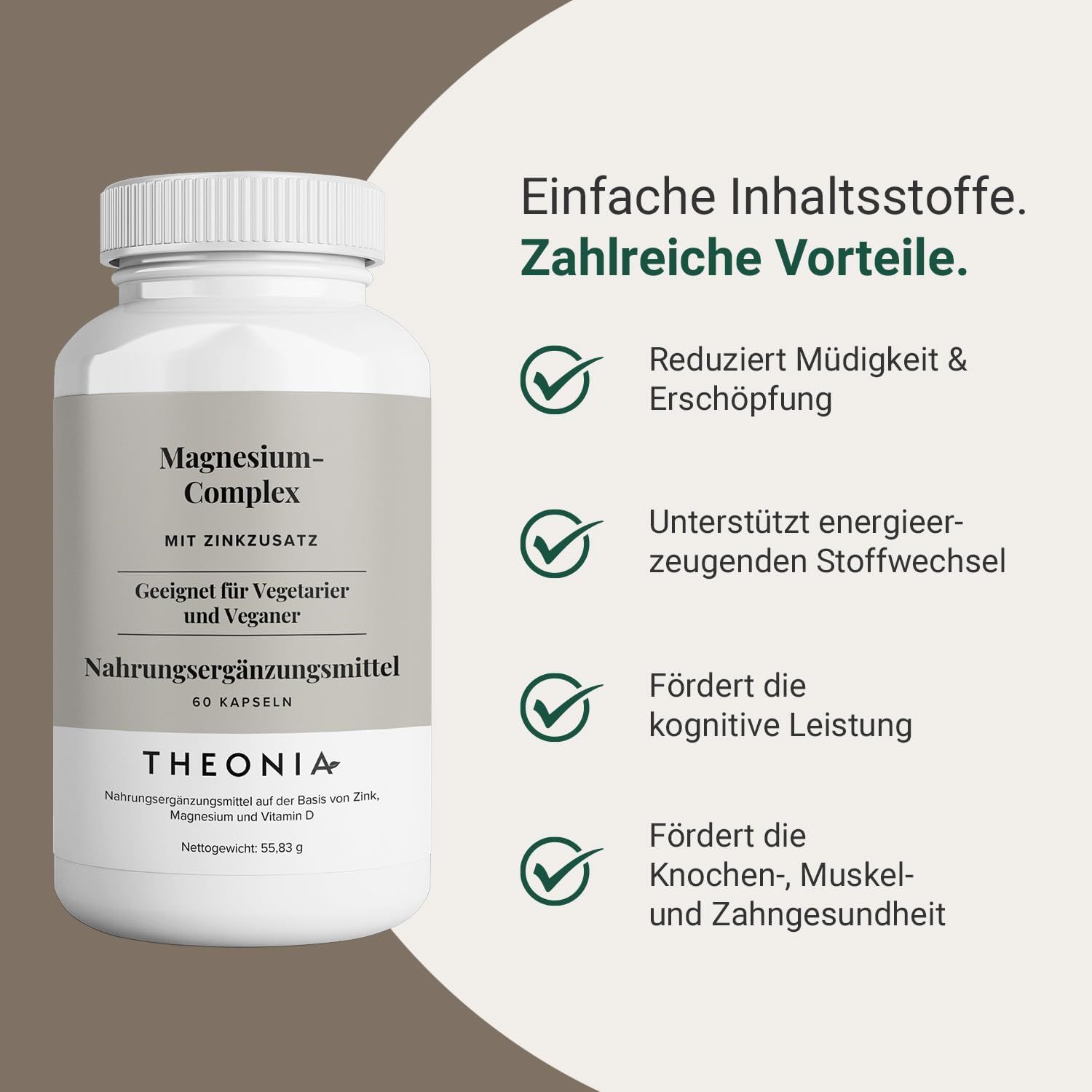 Flacone bianco di capsule. Testo: "Magnesium-Complex", "60 Kapseln", "THEONIA". Vantaggi: Riduce la stanchezza, supporta il metabolismo, favorisce la cognizione.
