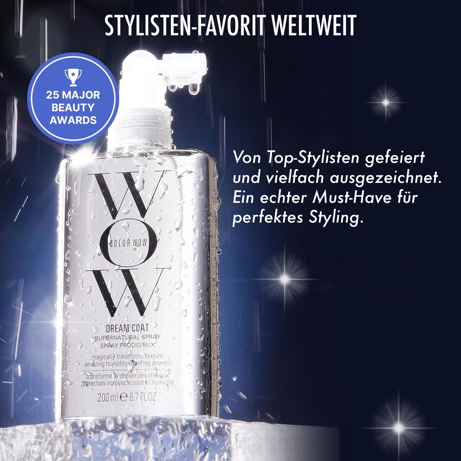 Spray COLOR WOW Dream Coat. Flacone con vaporizzatore. Testo e logo su sfondo argento. Riconoscimento: 25 Beauty Awards.