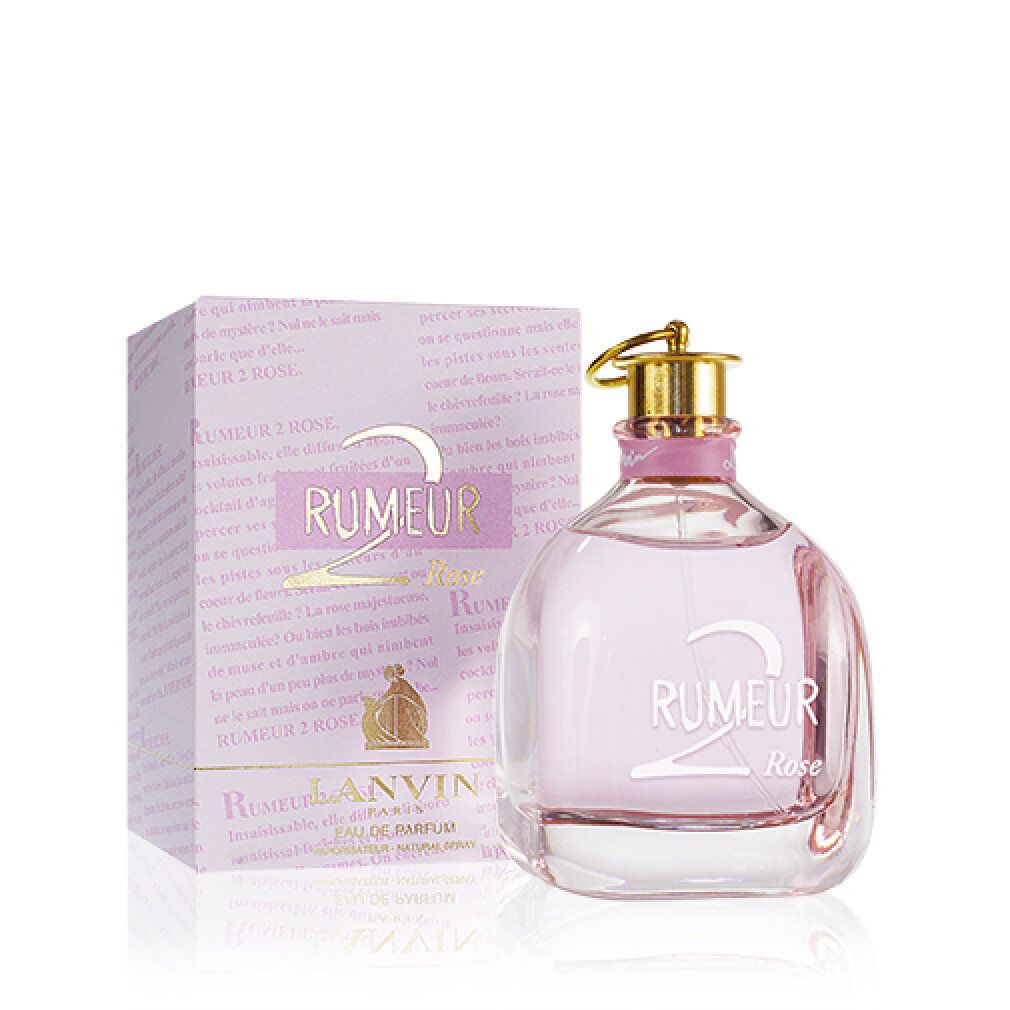 Flacone rosa e scatola. Scritta: Rumeur 2 Rose, Lanvin. Flacone con tappo dorato e fiocco rosa.