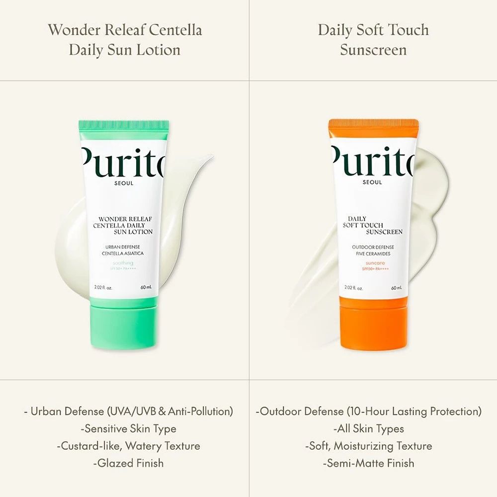 Due tubi. A sinistra: tubo verde. A destra: tubo arancione con crema solare PURITO.