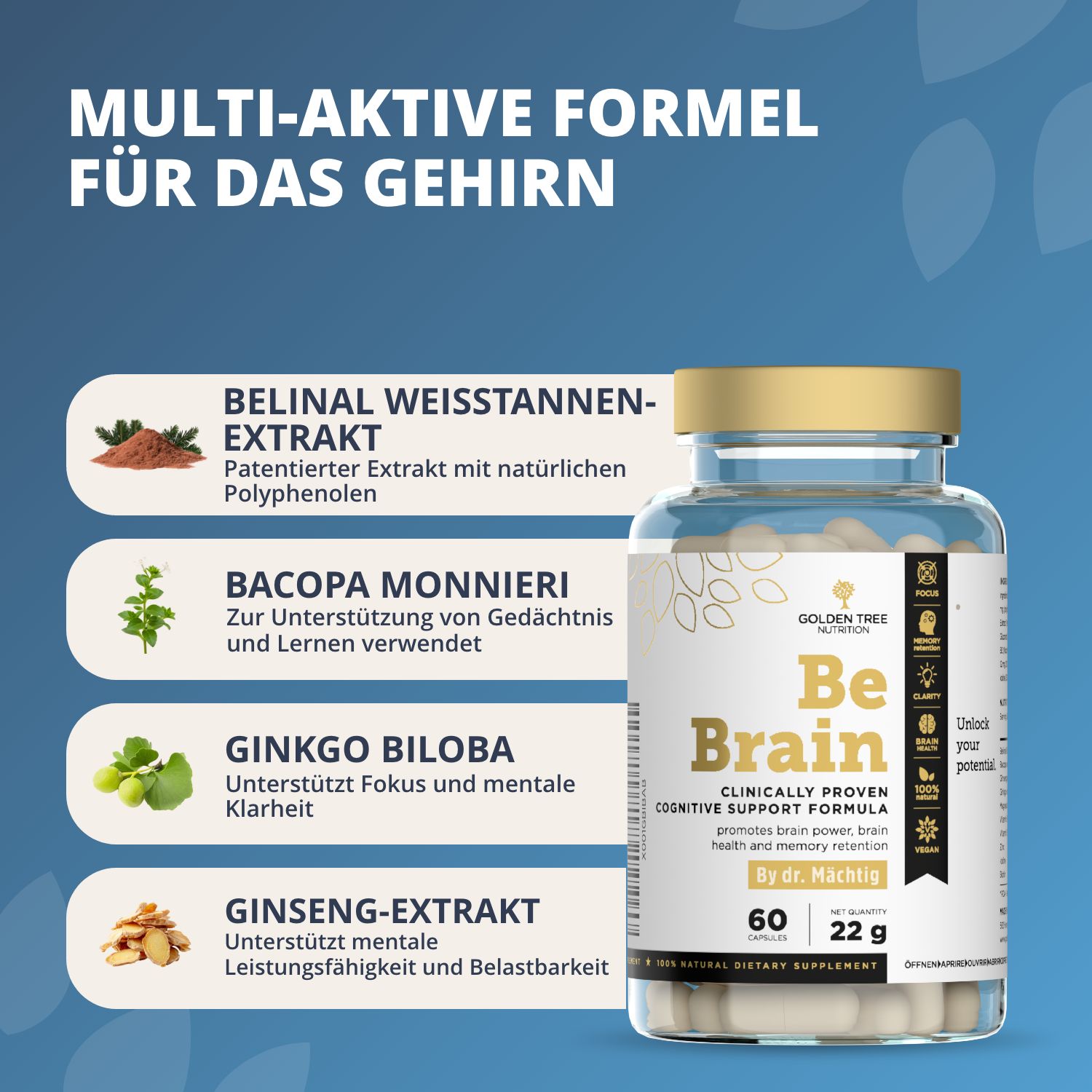 Flacone di capsule Golden Tree Be Brain con elenco ingredienti: Belinal, Bacopa, Ginkgo, Ginseng.