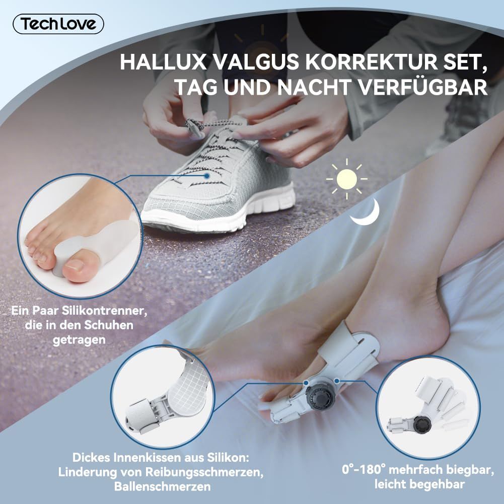 Un'infografica che mostra il set di correzione dell'alluce valgo Tech Love, disponibile giorno e notte. Mostra un paio di separatori in silicone da indossare nelle scarpe e un set con un correttore e un cuscino in silicone.