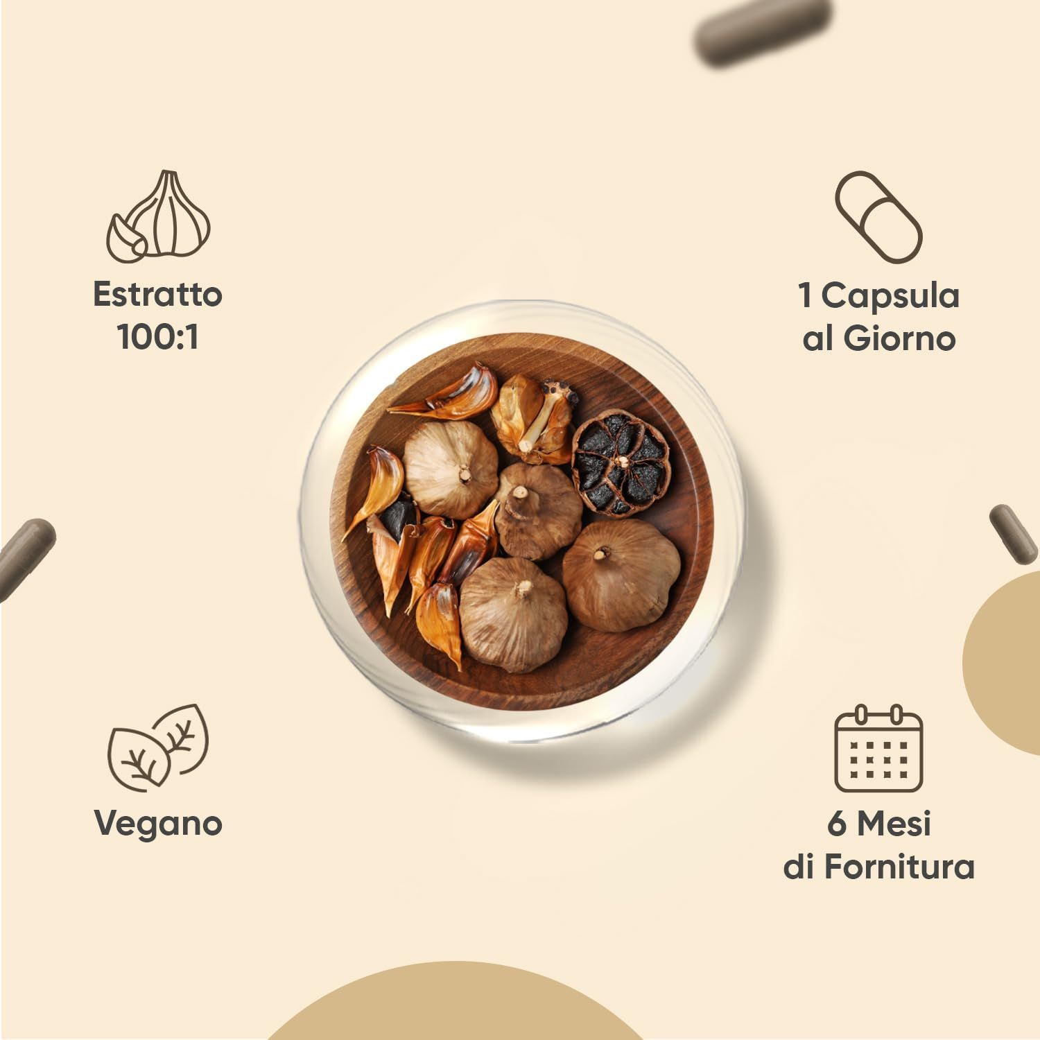 Aglio nero in una ciotola. Simboli: vegano, 1 capsula al giorno, 6 mesi di fornitura.
