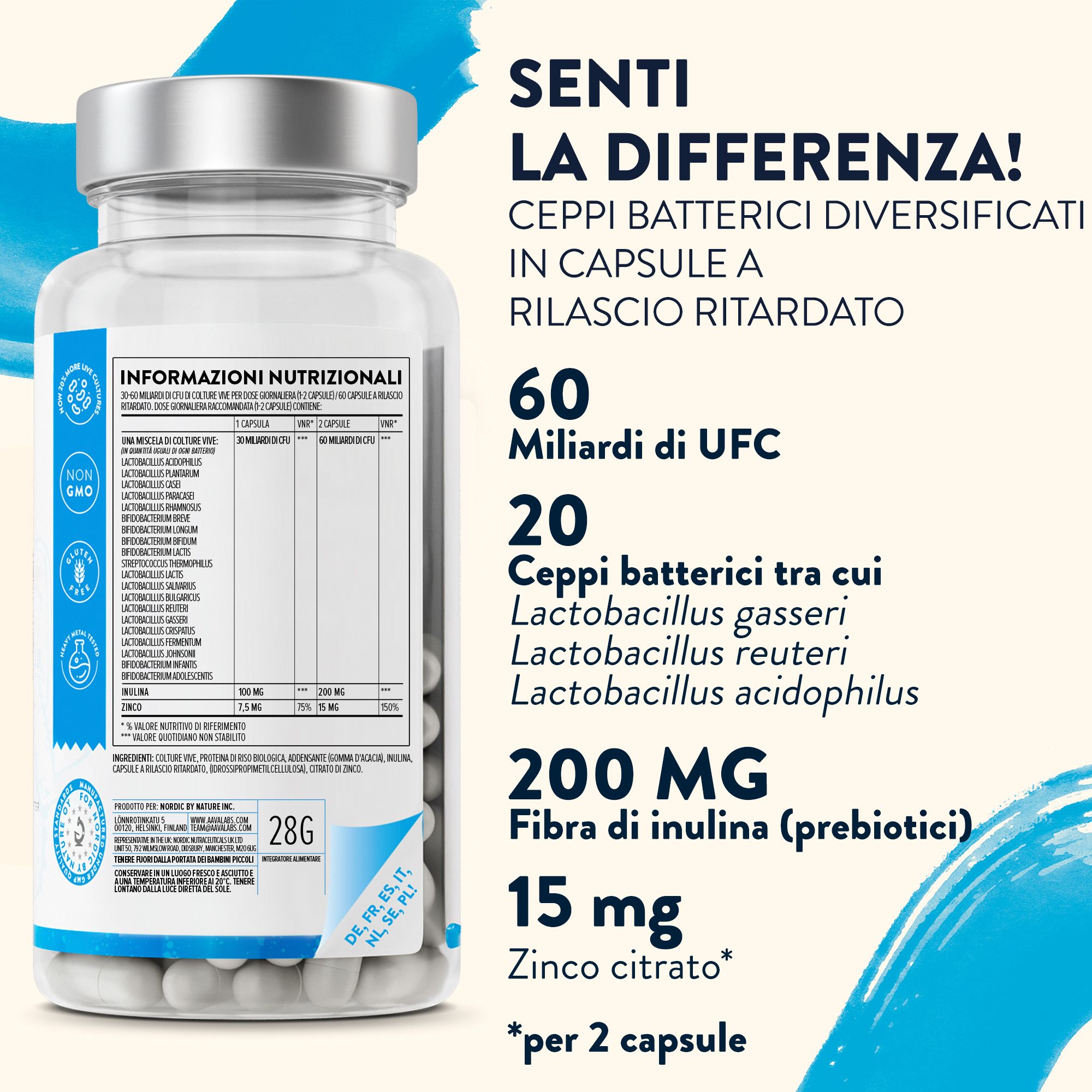 Flacone Probiolac con informazioni nutrizionali. Scritta: 60 miliardi UFC, 20 ceppi, 200 mg inulina.