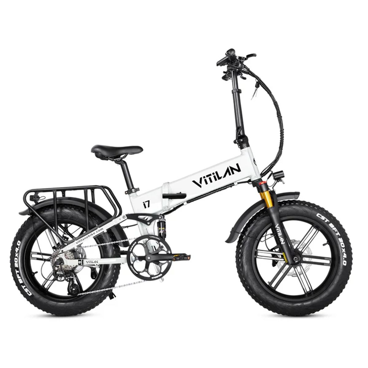 E-bike pieghevole VITILAN i7 Pro 3.0, bianco. Pneumatici neri, portapacchi. Logo VITILAN. Cambio Shimano a 8 velocità.
