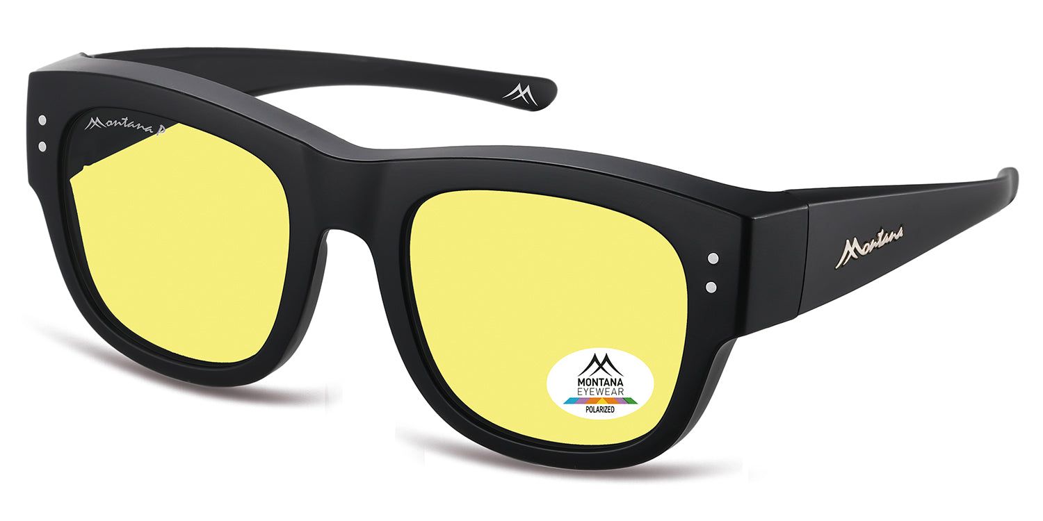 Occhiali da sole Montana Eyewear Zaria neri con lenti gialle. Logo ed etichetta polarizzata. Vista laterale.