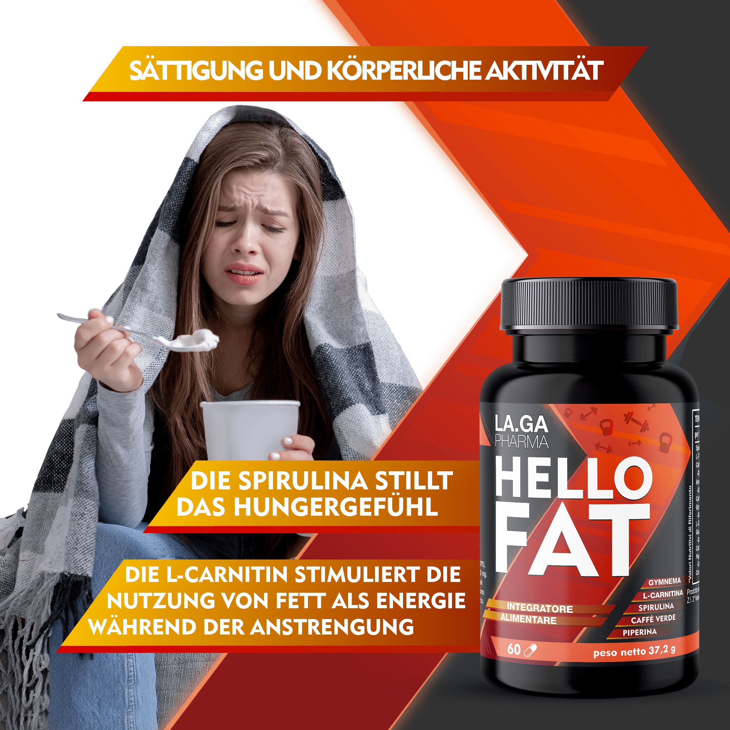 Flacone nero Hello Fat. Donna con coperta e cucchiaio. Testo: La spirulina placa la fame. L-Carnitina.