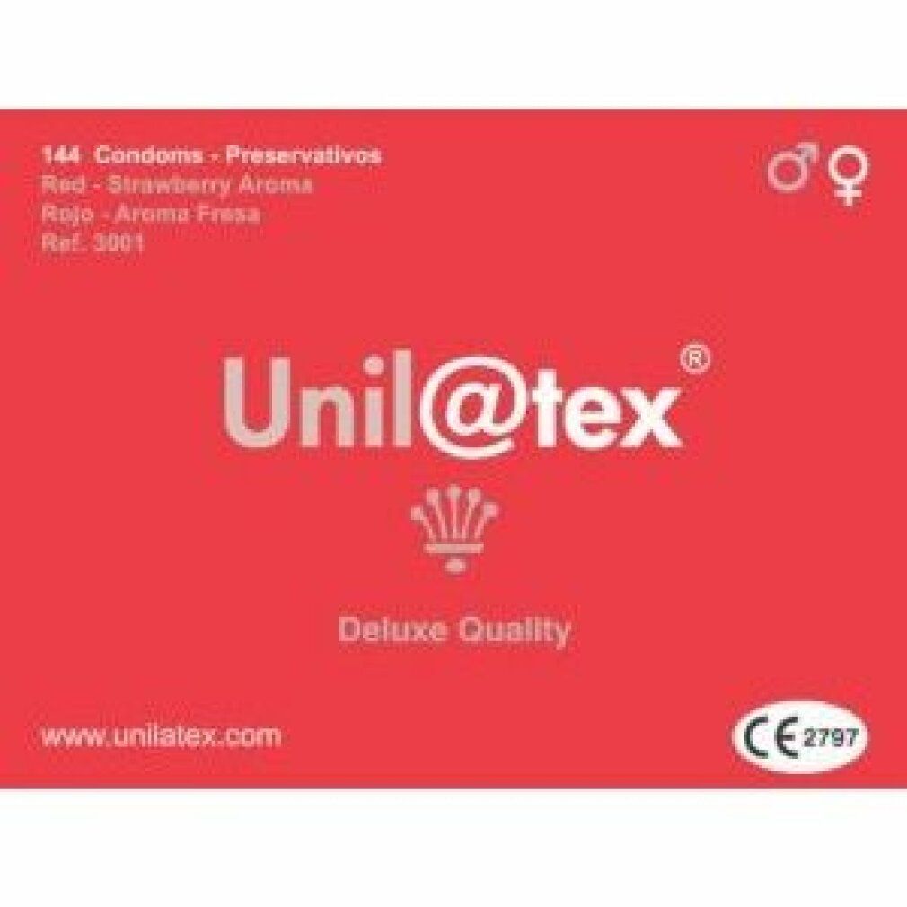 Confezione rossa Unil@tex, 144 preservativi, aroma fragola. Marchio CE.