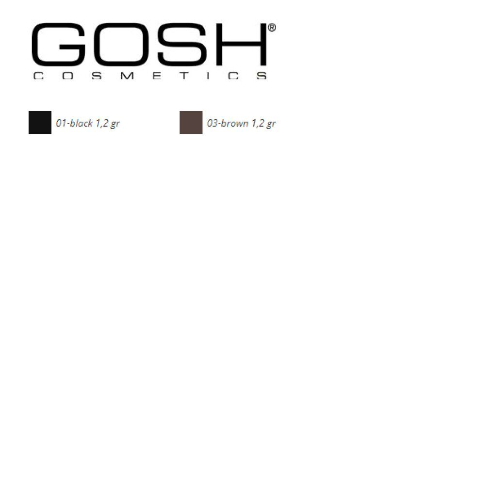 Logo GOSH Cosmetics. Campioni di colore: 01-black 1,2 gr, 03-brown 1,2 gr.